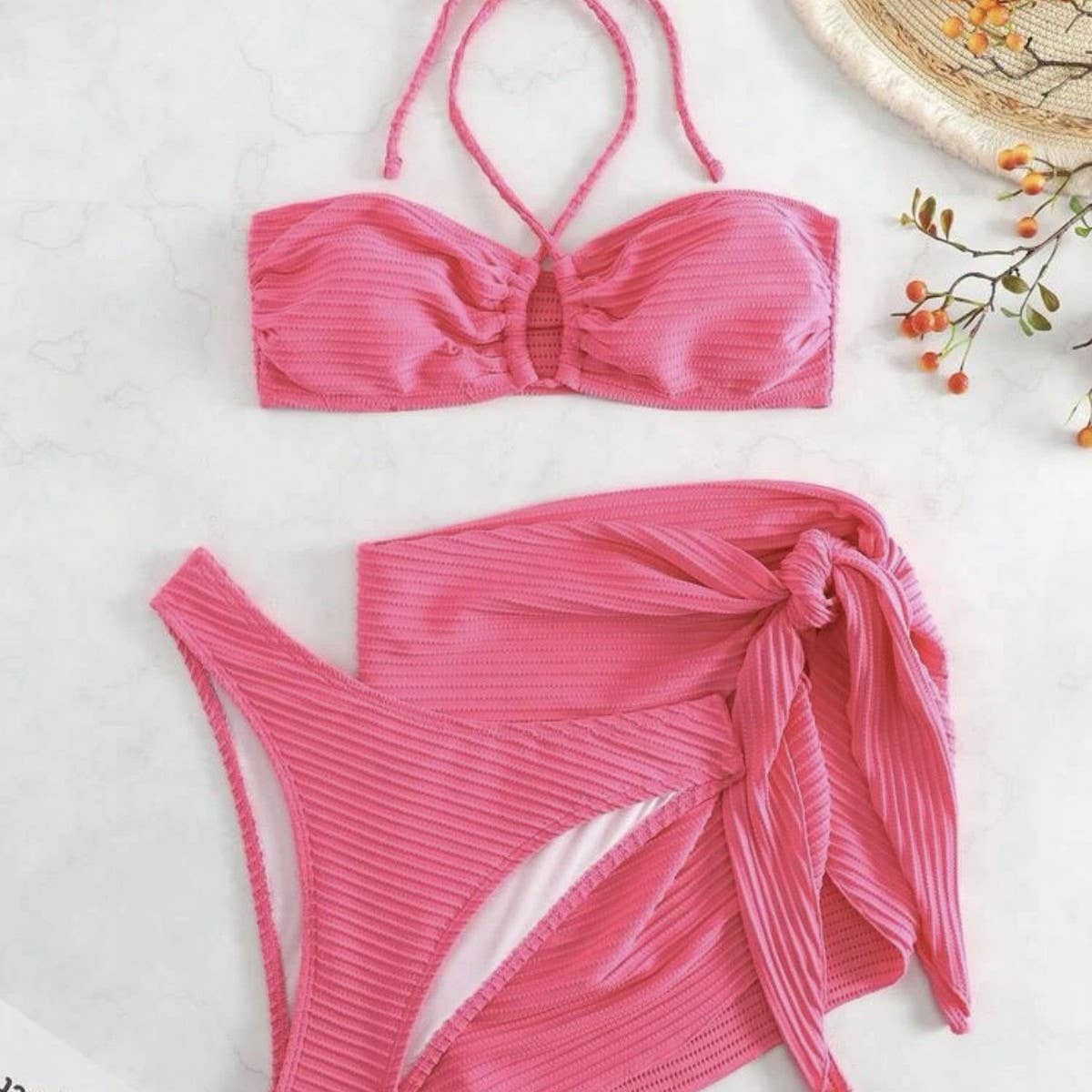 3 Piece Bikini Set - Halter with Mesh Skirt_CWMW0146