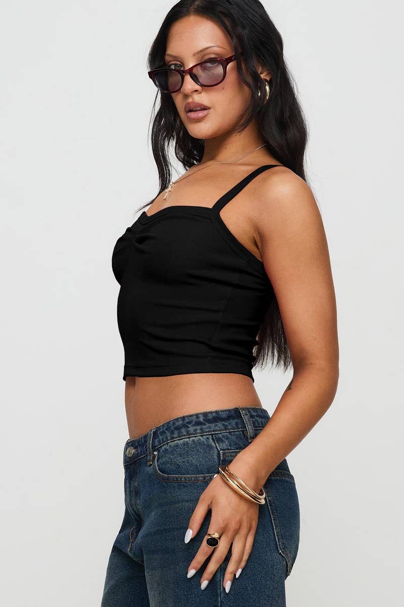 CWTTK1196_SOLID PLEATED CROPPED SLIM Y2K TANK TOP