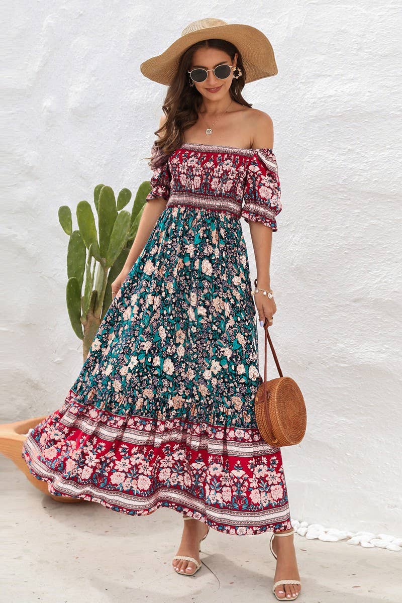 CWDMD2149_PRINTED ONE SHOULDER PUFF SLEEVE MIDI DRESS