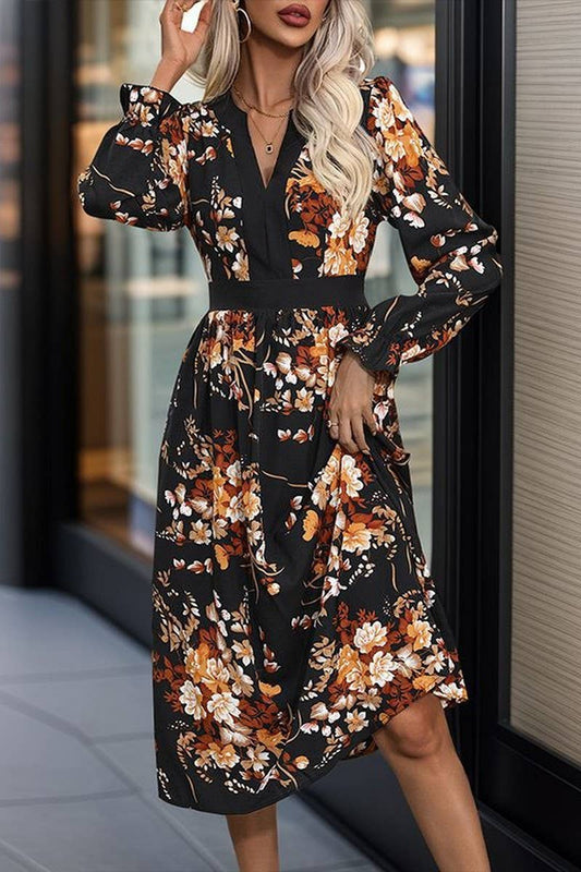 CWDMD3568_V-NECK PRINTED LONG-SLEEVED MIDI DRESS