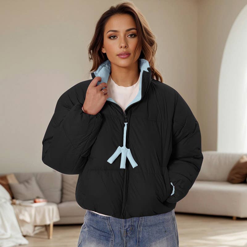 CONTRASTING COLOR ZIPPER STAND-UP COLLAR JACKET