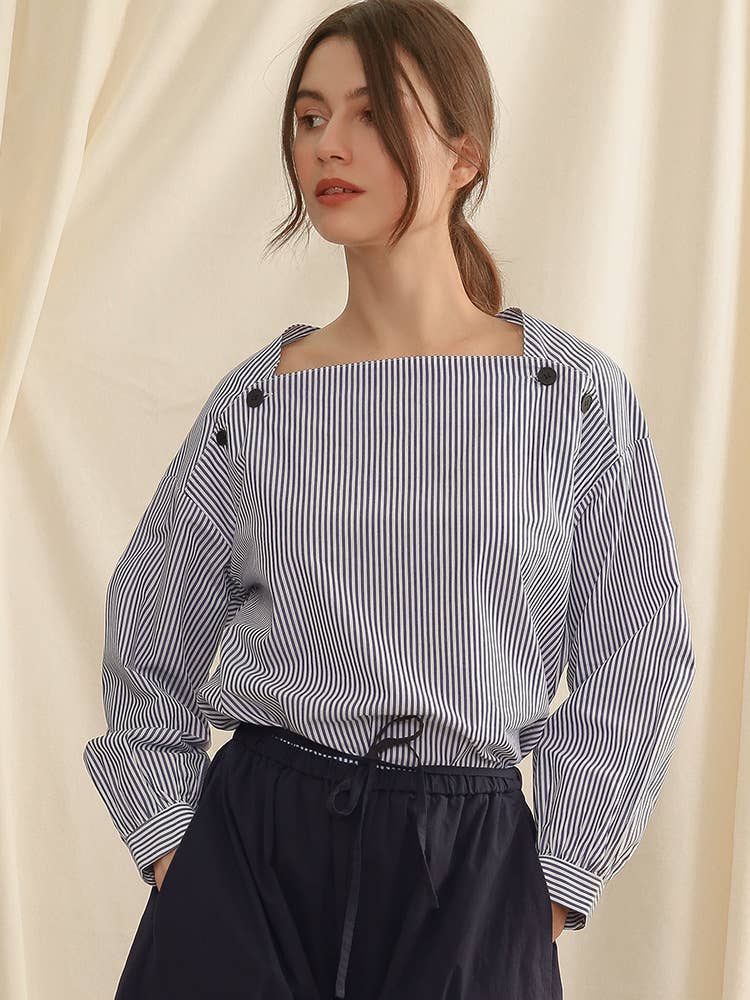 Commuter fold wear stripe long sleeve blouse