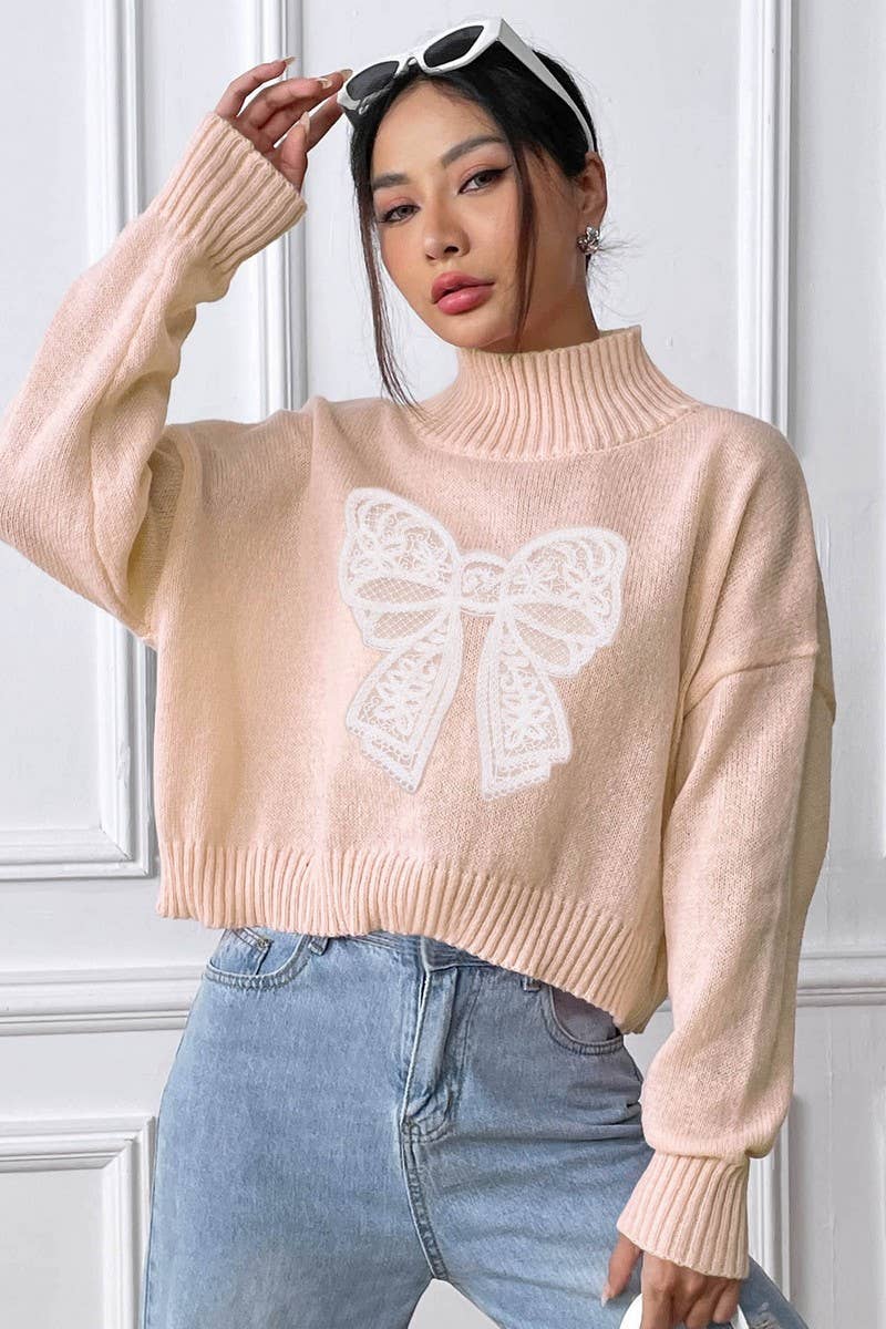 CWTTT00022_WOMEN TURTLENECK SHORT SWEATER BOW