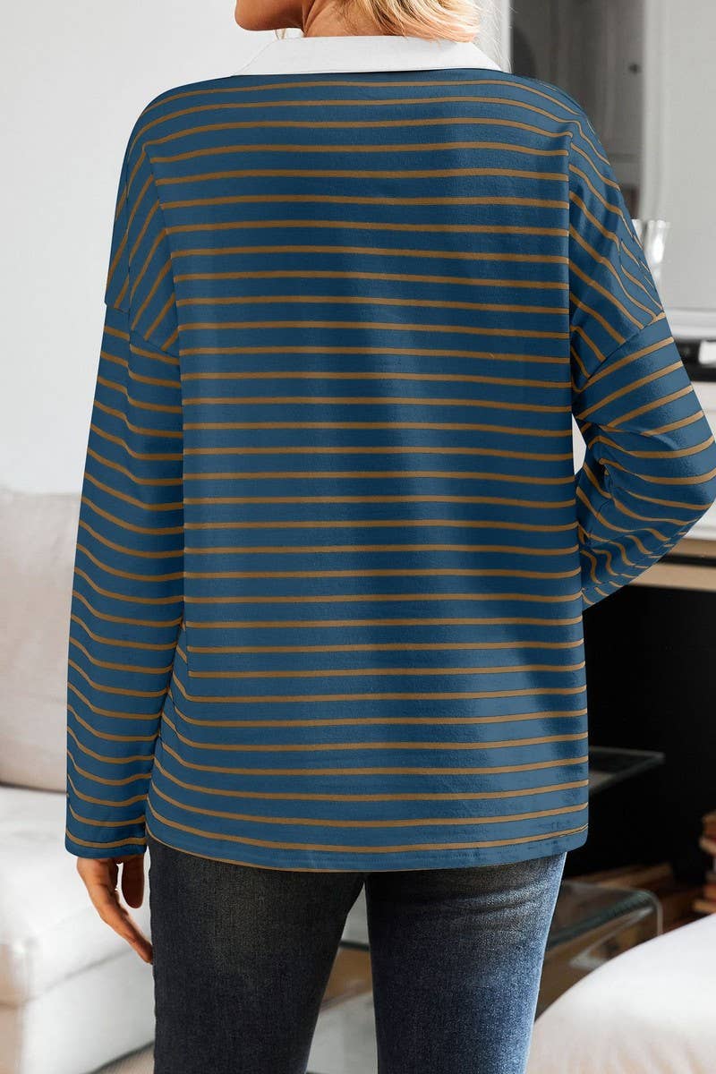 CWTBLL3674_STRIPED V-NECK LOOSE LAPEL SWEATSHIRT TOP