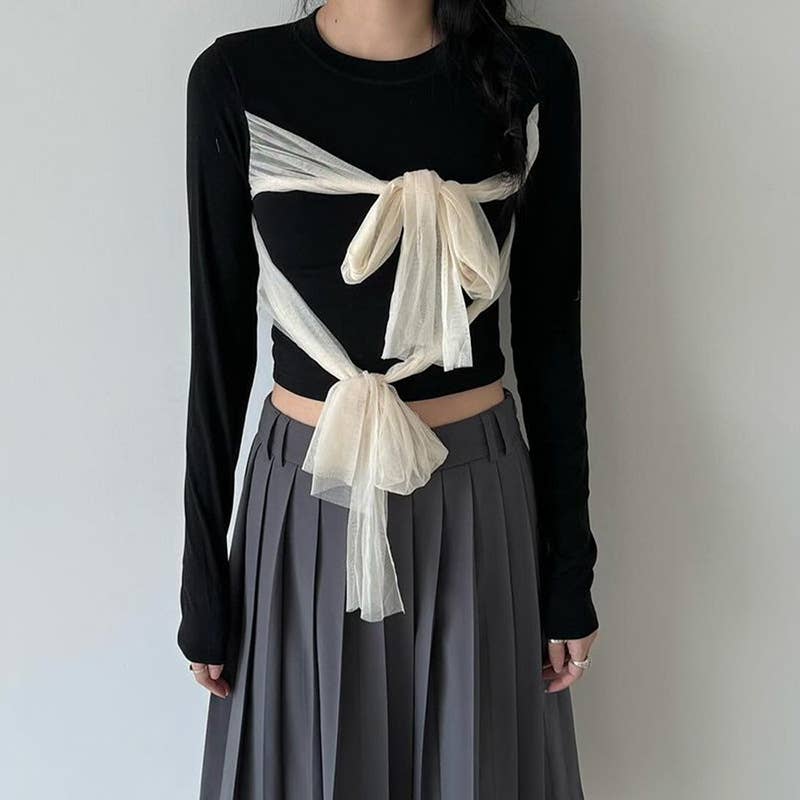 COLOR CONTRAST MESH BOW STRAP CROP T-SHIRT
