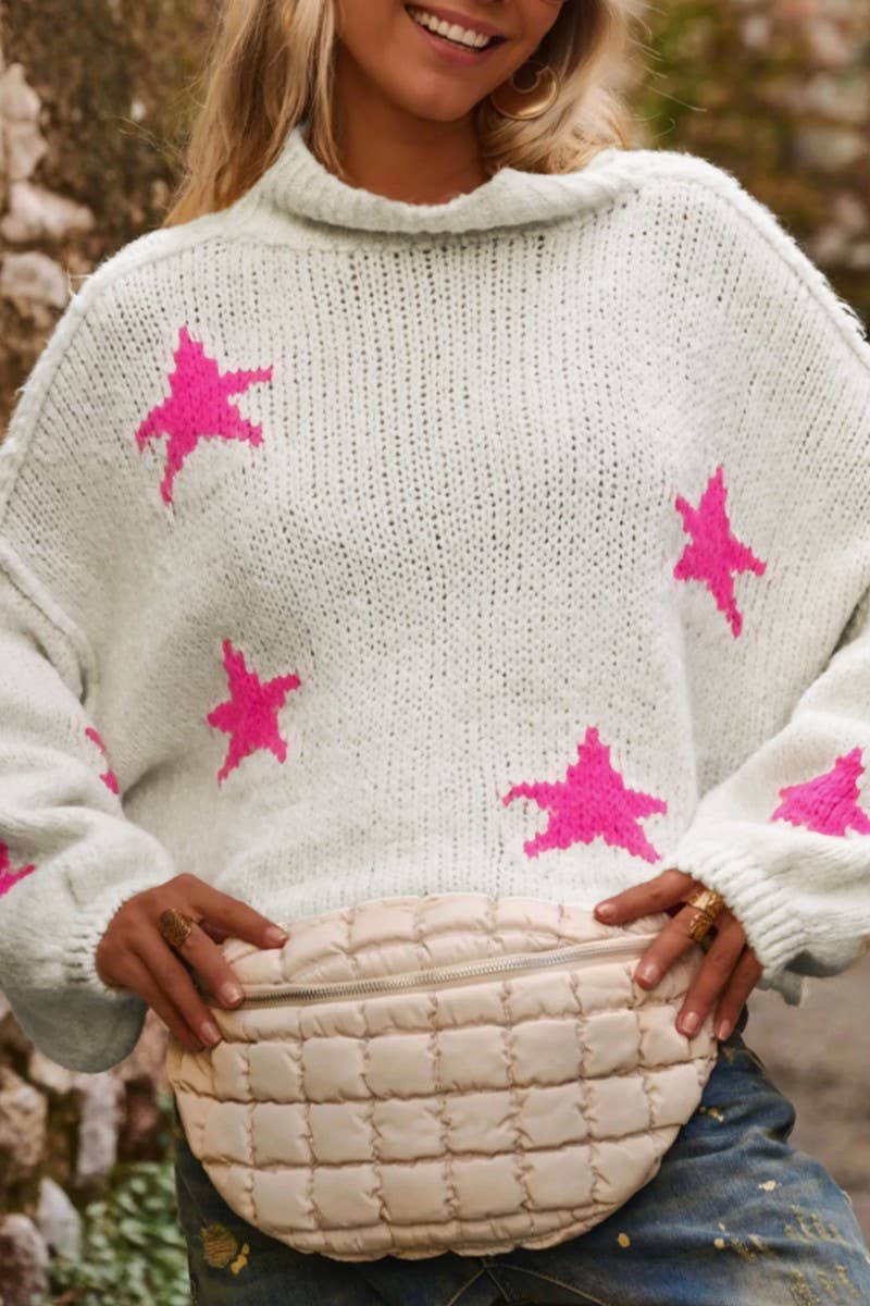 CWOSWL07457_CASUAL LOOSE HIGH NECK STAR PATTERN KNIT SWEATER
