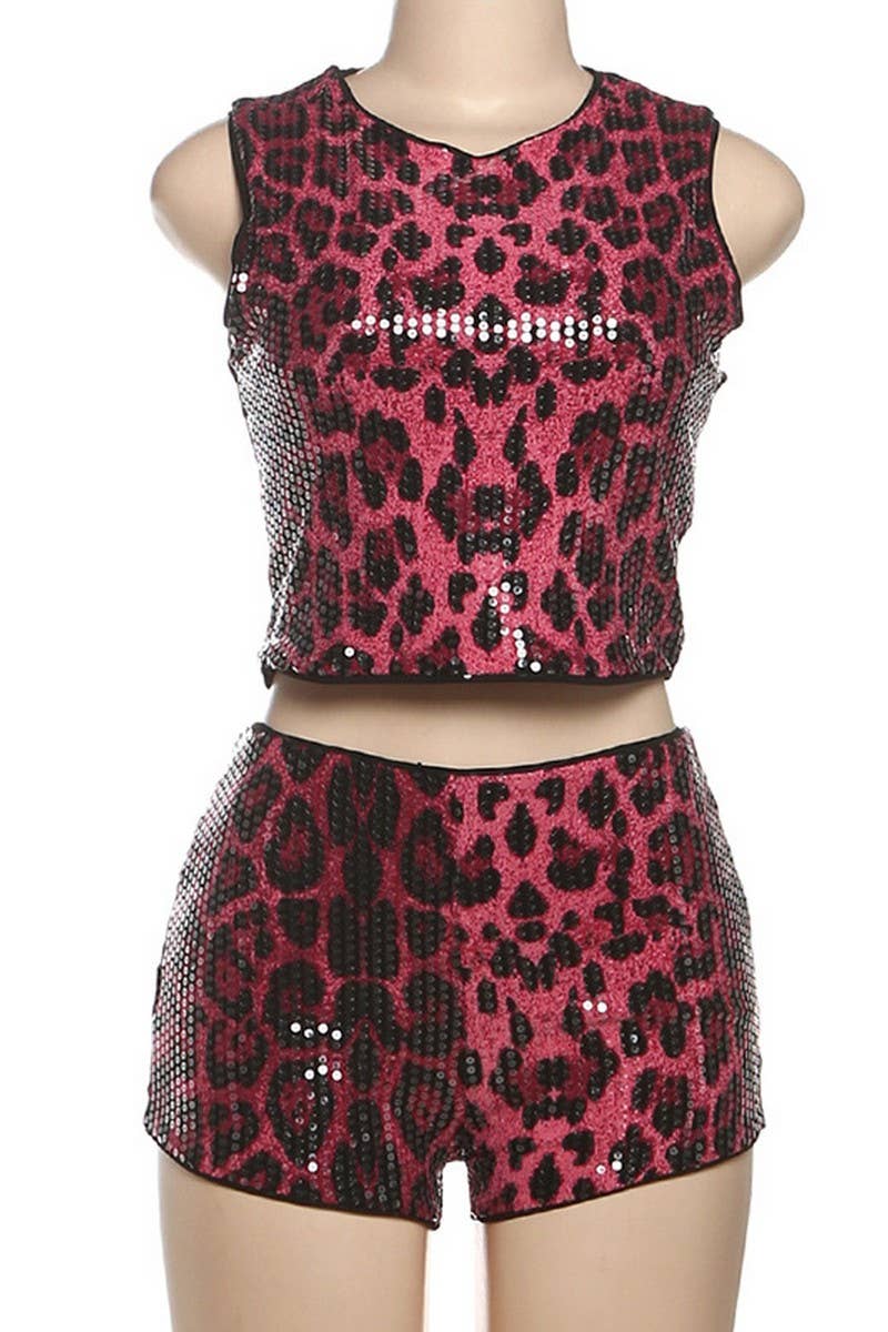 CWSS1289_SEXY SLEEVELESS LEOPARD SEQUIN SLIM SUIT