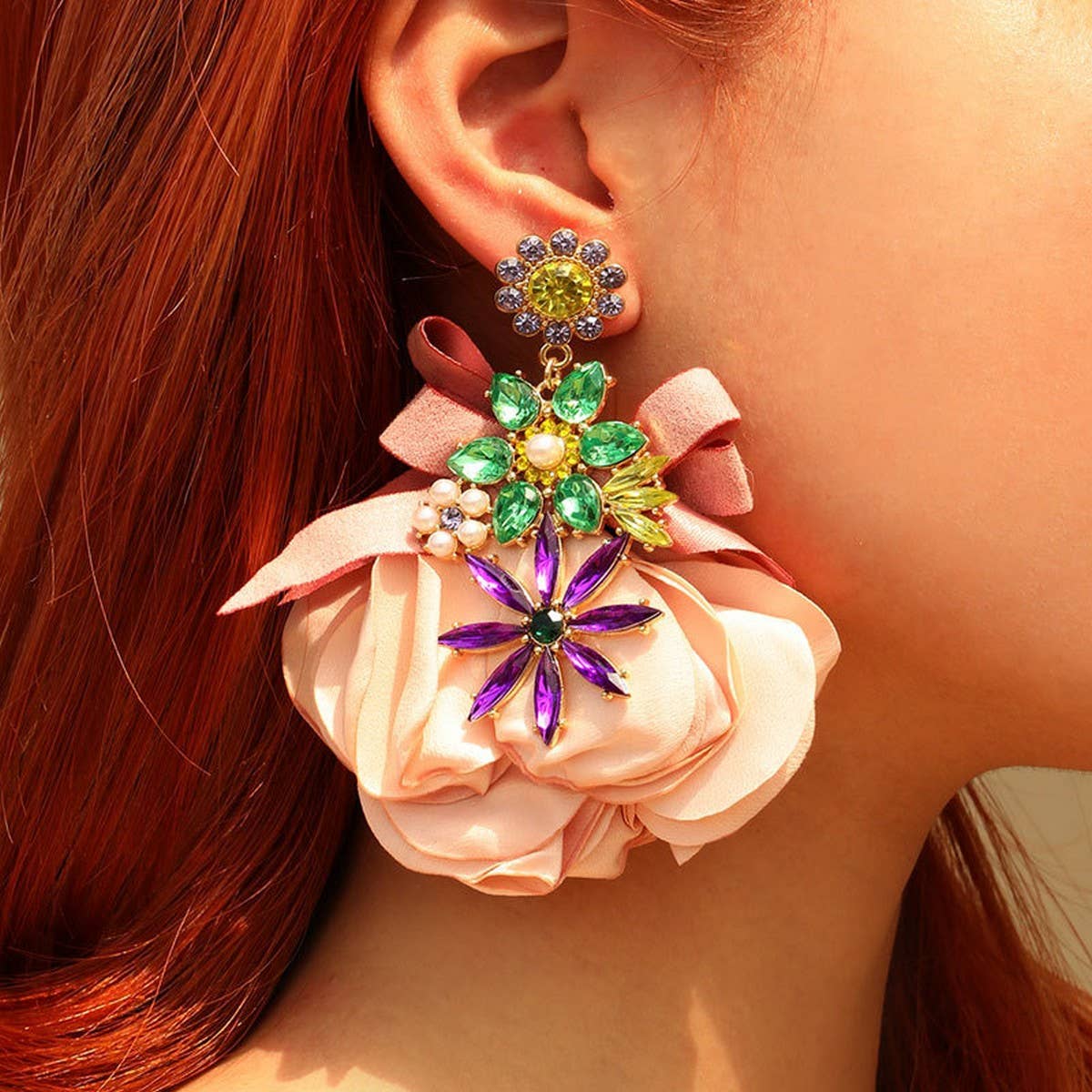 Handmade Floral Fabric Earrings Elegant Woman's