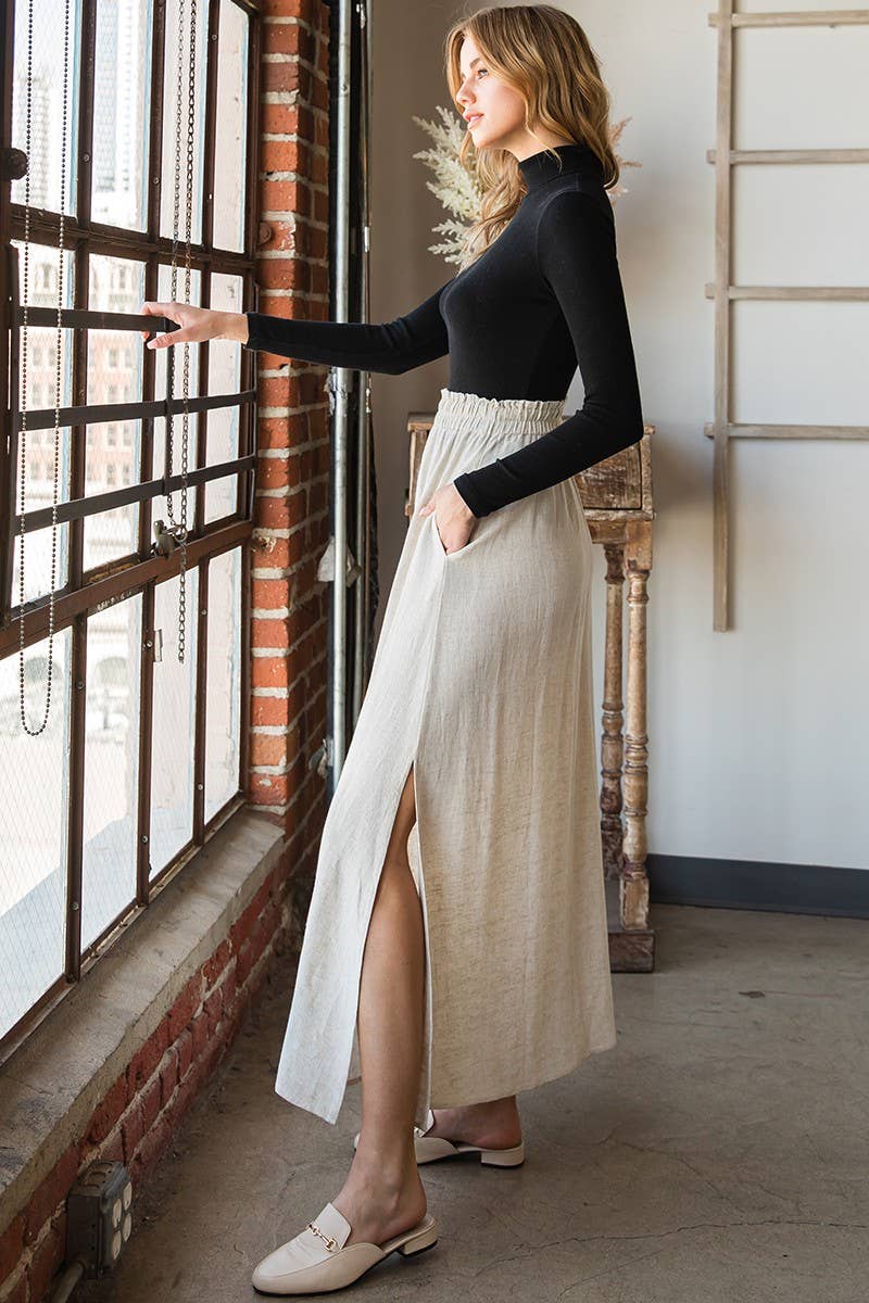 CWBLS132-P-S_SIDE SLIT DETAILED MAXI LINEN SKIRT