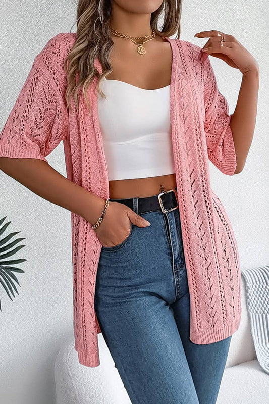 CWTBLS1057_SUMMER SHORT-SLEEVED HOLLOW-KNIT SUNSCREEN SHIRT