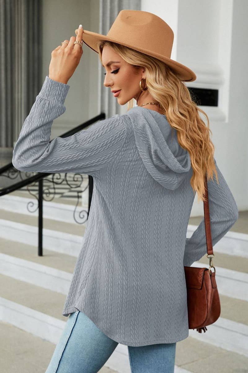 CWTBLL2794_FALL V-NECK HOODED LONG-SLEEVED KNIT TOP