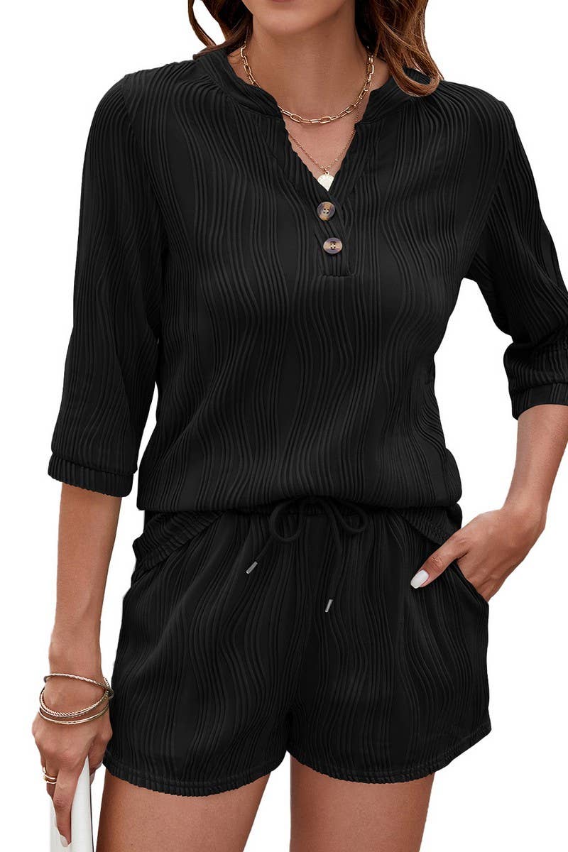 CWSTB2079_SOLID V-NECK HALF SLEEVE TOP AND POCKET SHORTS SET