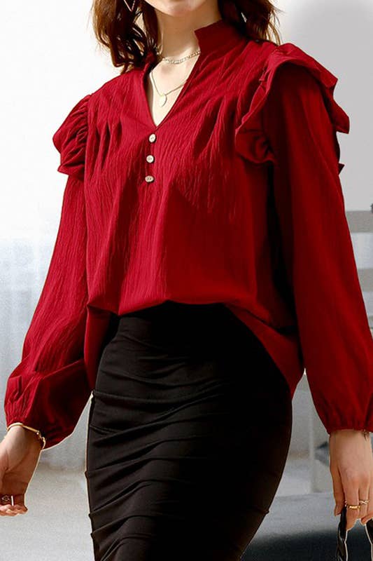 CWTBLL259_RUFFLED BUTTON SOLID COLOR V NECK  BLOUSE