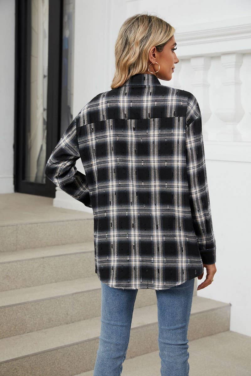 CWTSTL2063_CROCHET LONG-SLEEVED LOOSE LAPEL PLAID SHIRT