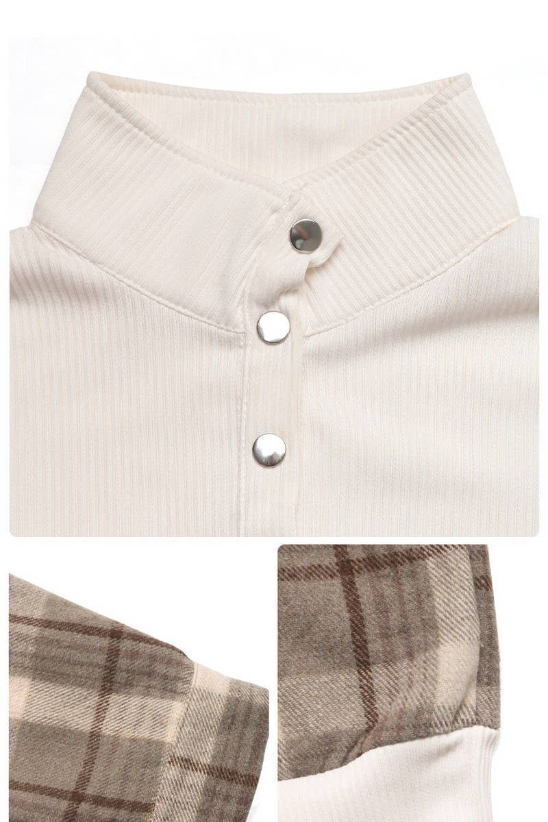 CWTBLL00738_VINTAGE HALF-PLACKET PLAID PATCHWORK SWEATSHIRT