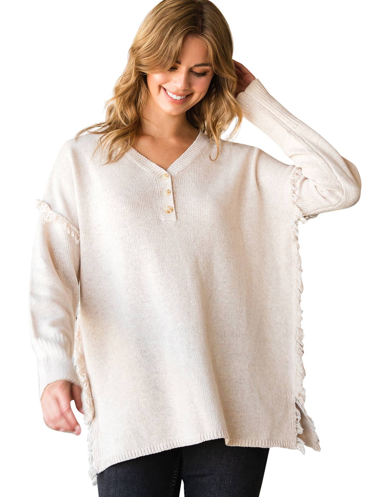 CWOSWL1832_BUTTON DOWN FRINGE SHOULDER SWEATER KNIT TOP