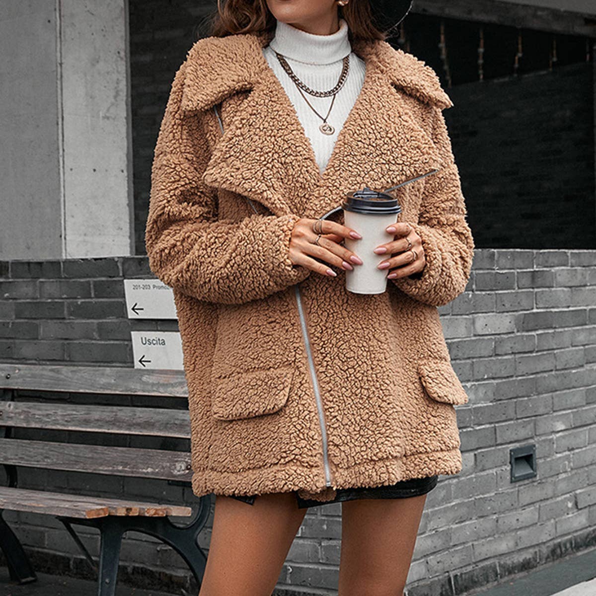 BUBBLY ZIPPER FUR COAT LAPEL WOOL TRENCH COAT