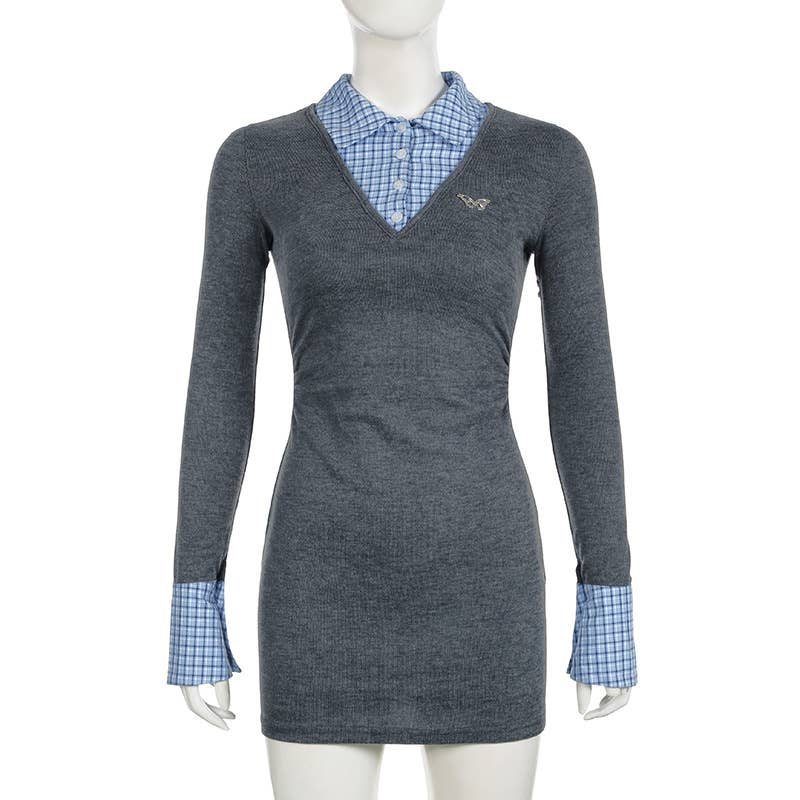 College style stitched lapel fake two dresses