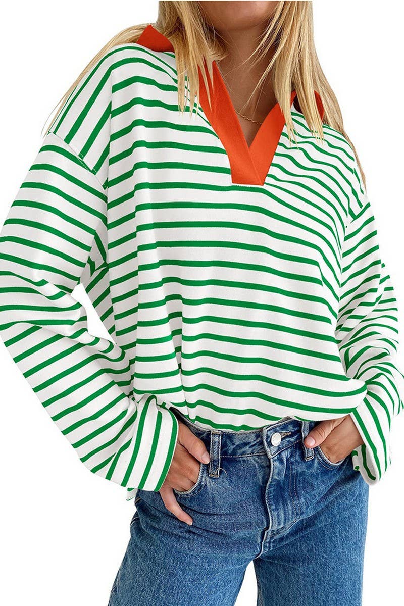 CWTBLL1811_LAPEL STRIPED V-NECK LOOSE SWEATSHIRT