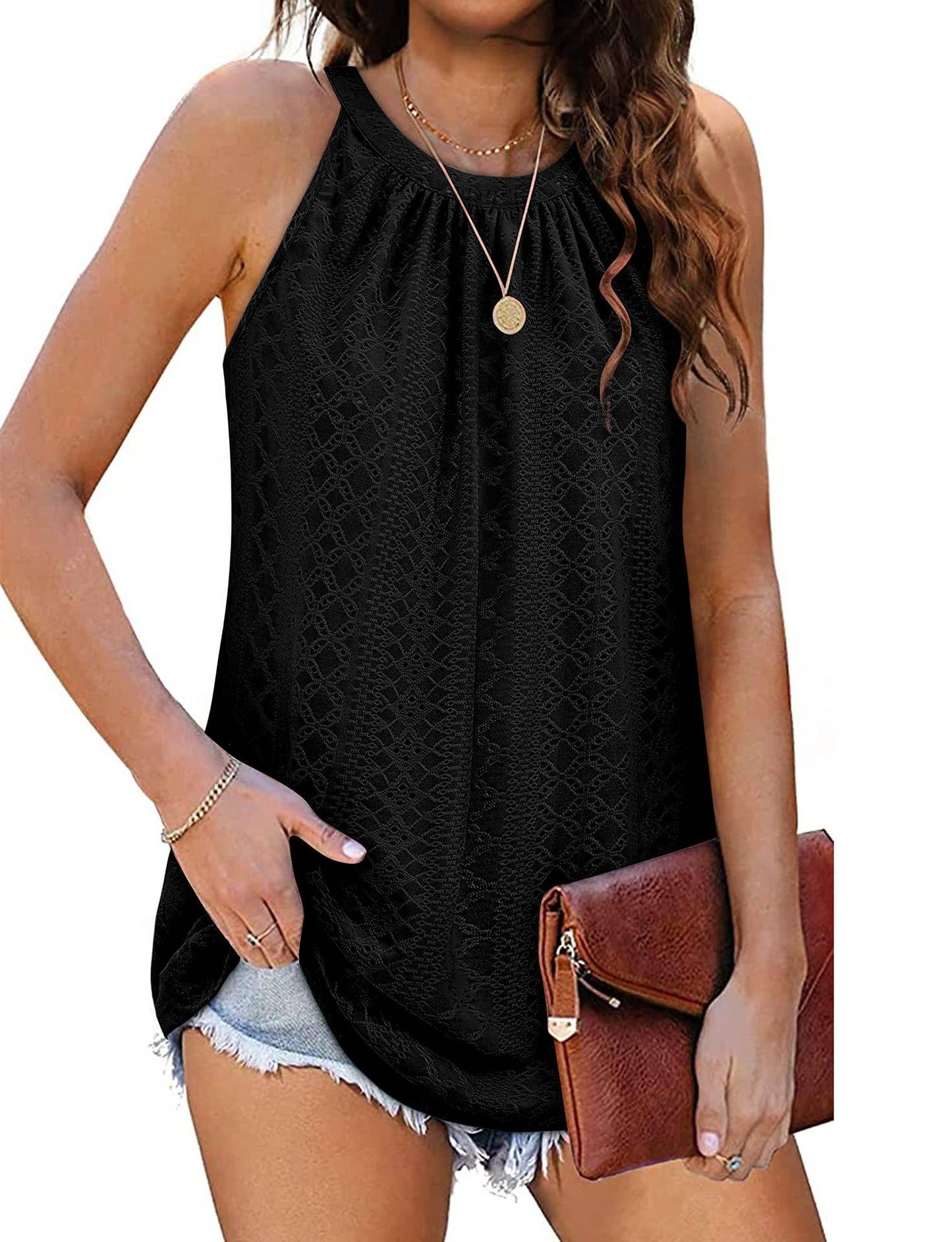CREW-NECK RUFFLED TANK TOP SLEEVELESS HALTER TEE