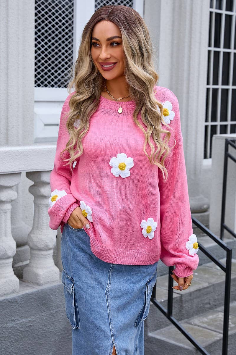 CWOSWL3109_CREW NECK PULLOVER FLORAL KNIT SWEATER