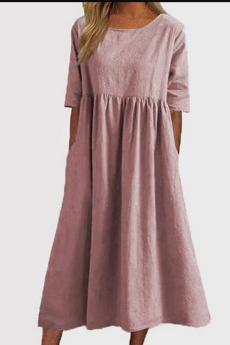 CWDMD01005_ROUND NECK SOLID COLOR COTTON AND LINEN DRESS