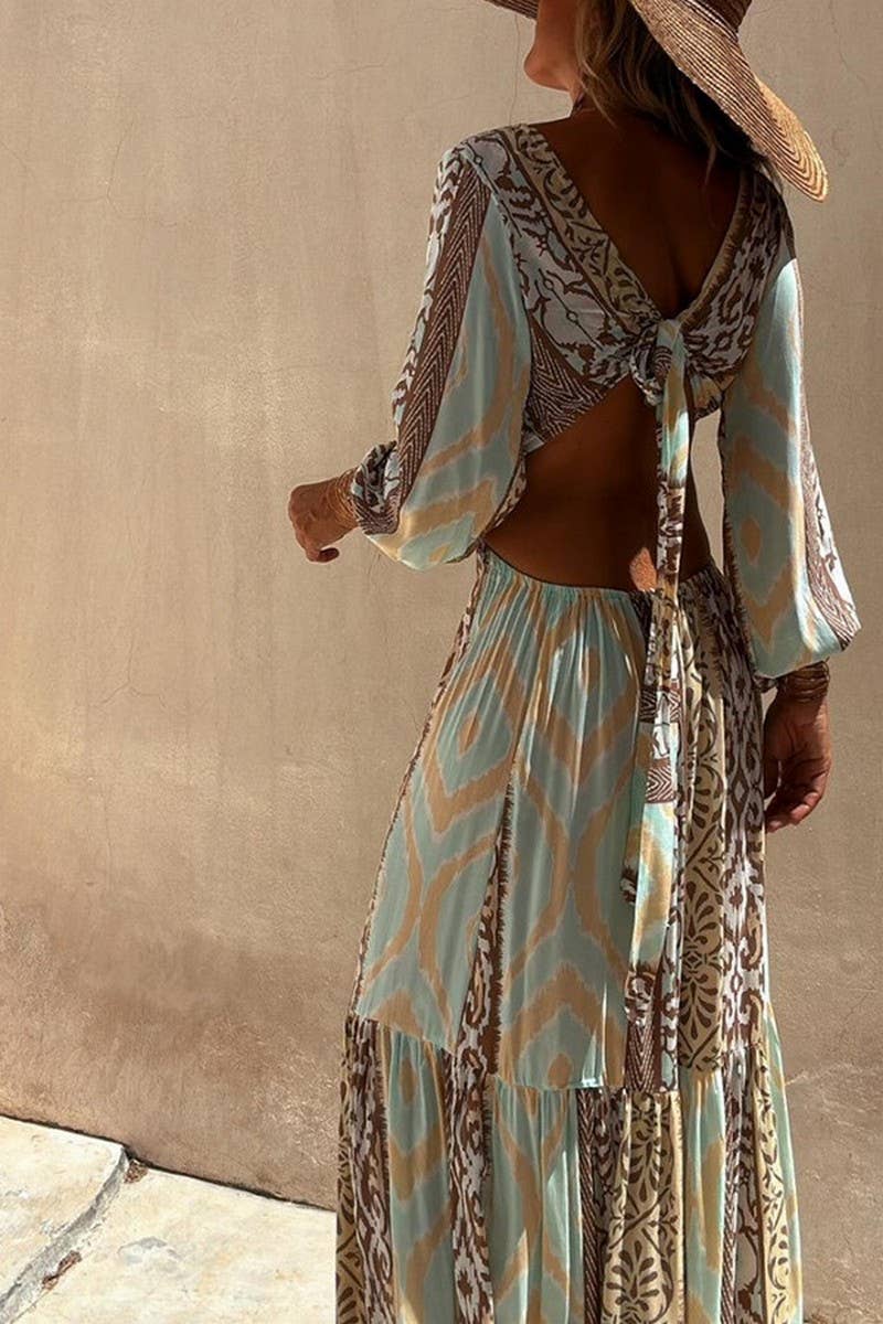 CWDMD5861_V-NECK OPEN WAIST TIE LONG SLEEVE DRESS