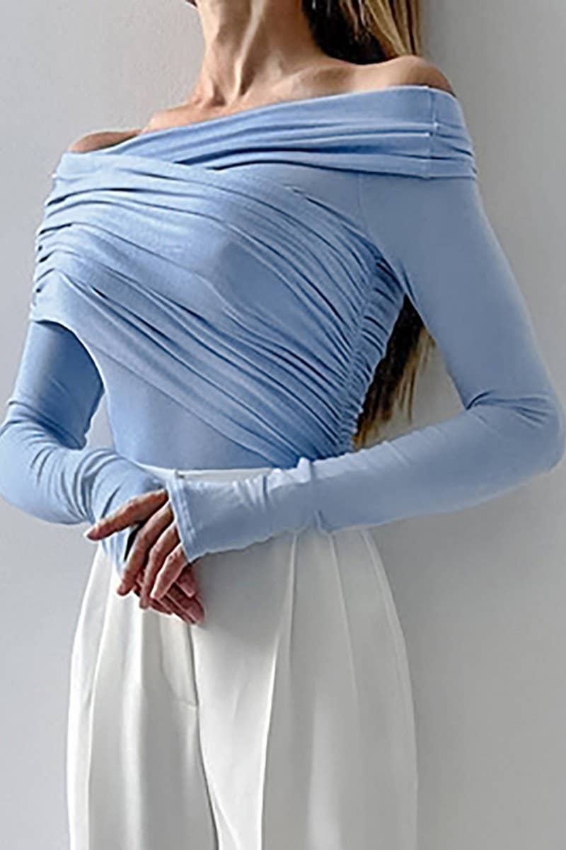 CWTBLL00584_BOAT NECK PLEATED SOLID COLOR LONG-SLEEVED TOP