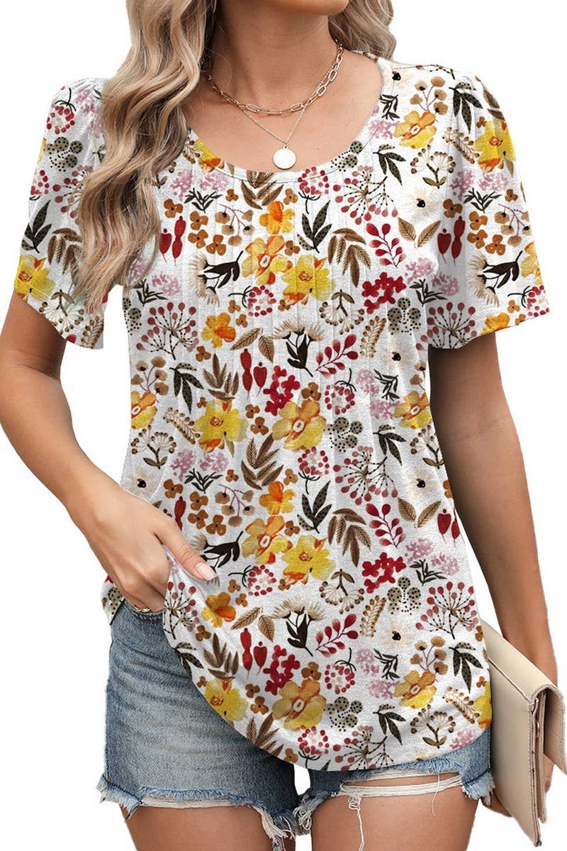 CWTBLS2277_RUCHED CREW NECK PRINTED SHORT SLEEVE TEE