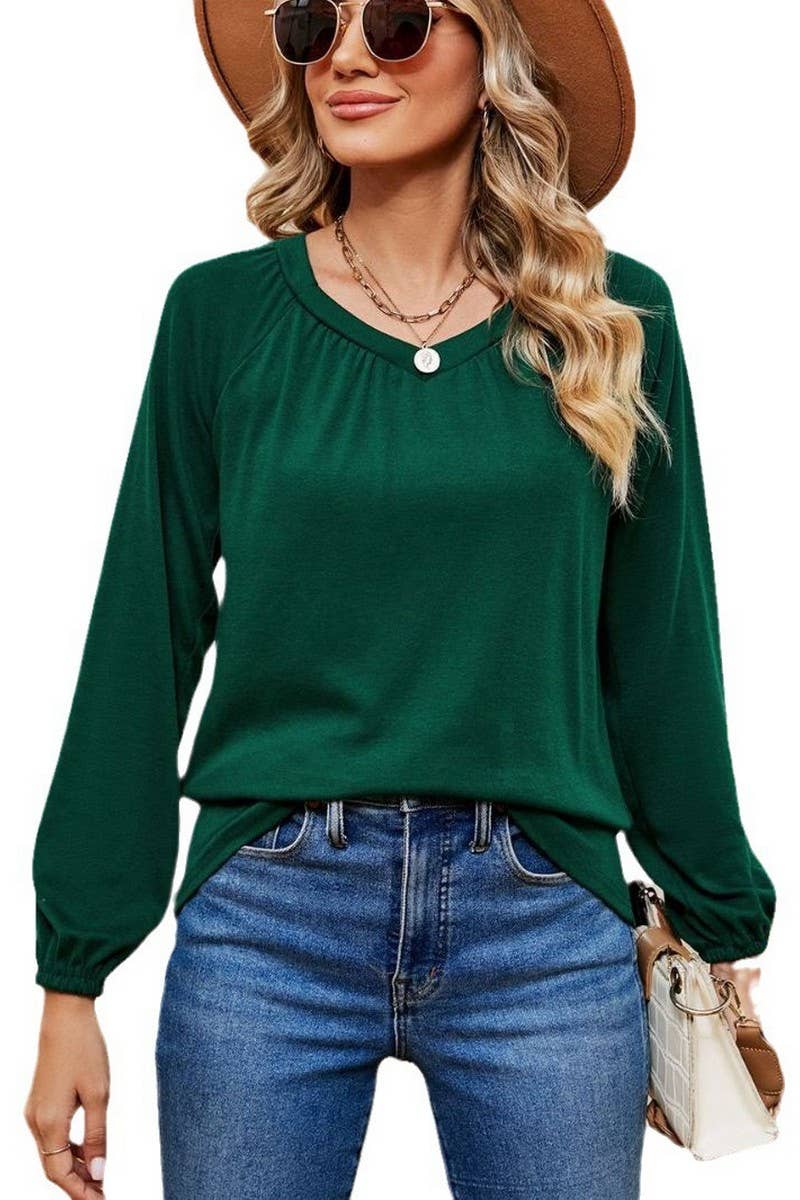 CWTBLL2370_LONG SLEEVE V NECK PLEATED LOOSE PULLOVER