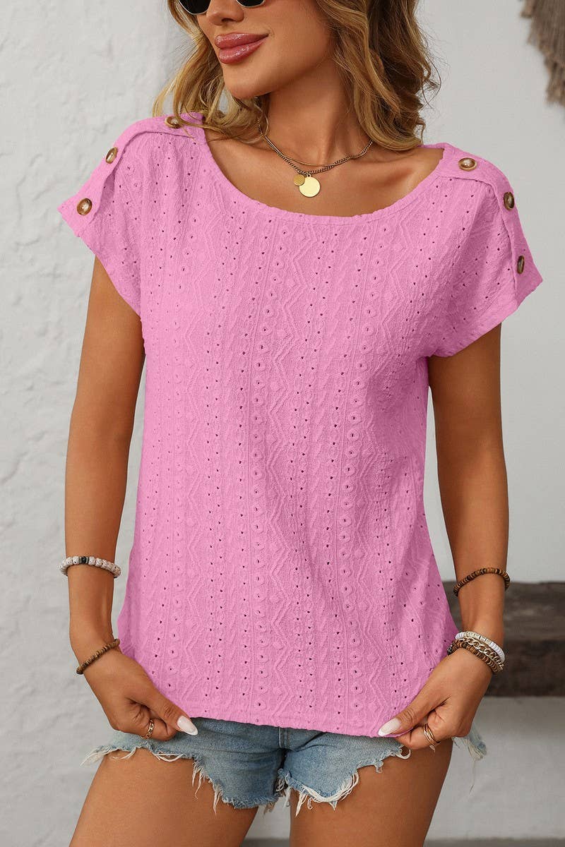CWTBLS1709_ROUND NECK BUTTON SHORT SLEEVE CUTOUT TOP