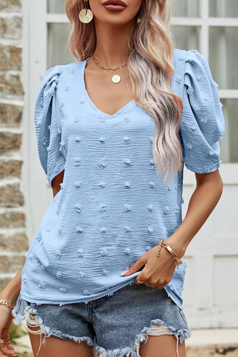 CWTBLS0358_V-Neck Short Puff Sleeve Blouse