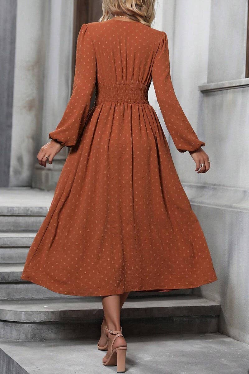 CWDMD3949_SLANTED NECK BALLOON SLEEVES PLEATED WAIST DRESS