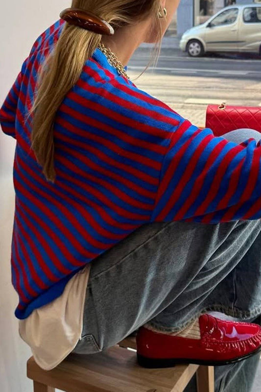 CWOSWL07505_CASUAL LOOSE STRIPED LONG SLEEVE KNIT TOP