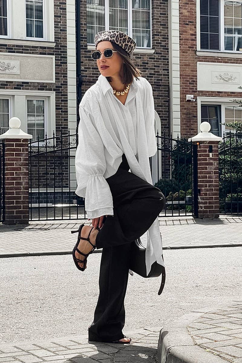 CWTBLL3356_LOOSE WHITE RIBBON TRUMPET SLEEVE SHIRT TOP