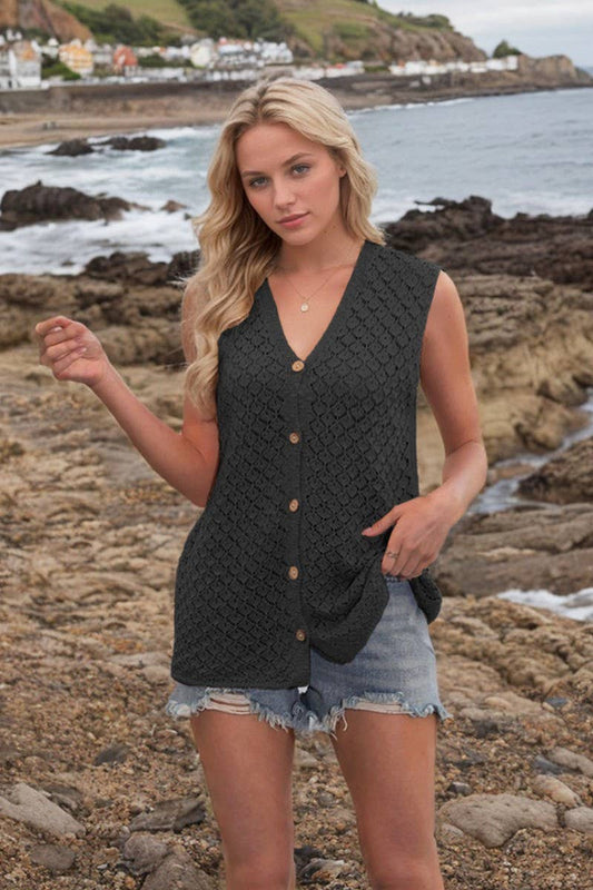CWOV0682_CASUAL V-NECK BUTTON SLEEVELESS VEST SWEATER