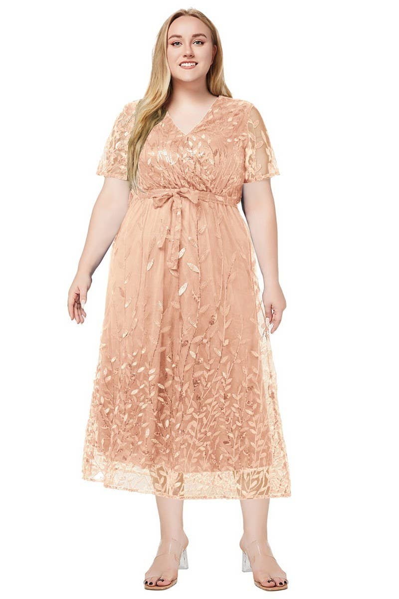 CWDMD3229_PLUS SIZE V-NECK SEQUINED BRIDESMAID DRESS