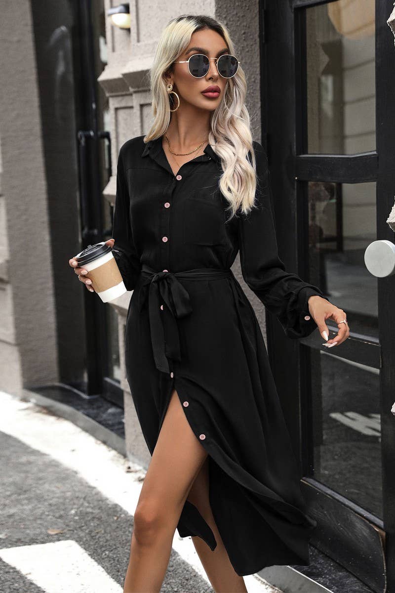 CWDMD4733_ELEGANT MID-LENGTH SOLID COLOR LAPEL DRESS