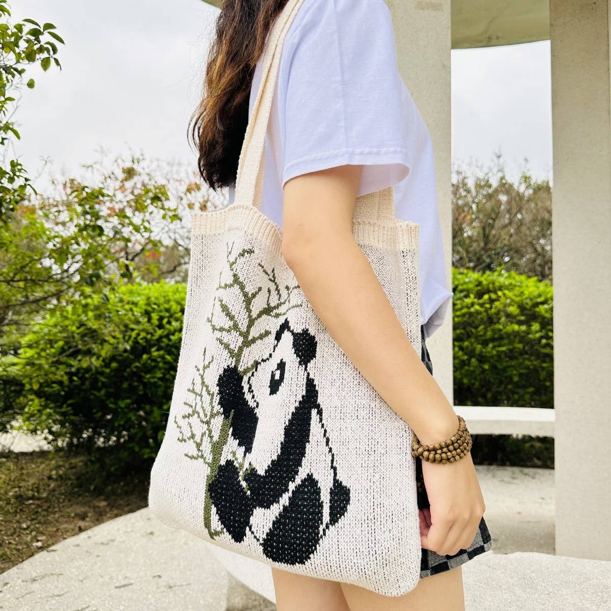 CWAB4581_PANDA PATTERN KNITTED HOLLOW WOVEN SHOULDER BAG