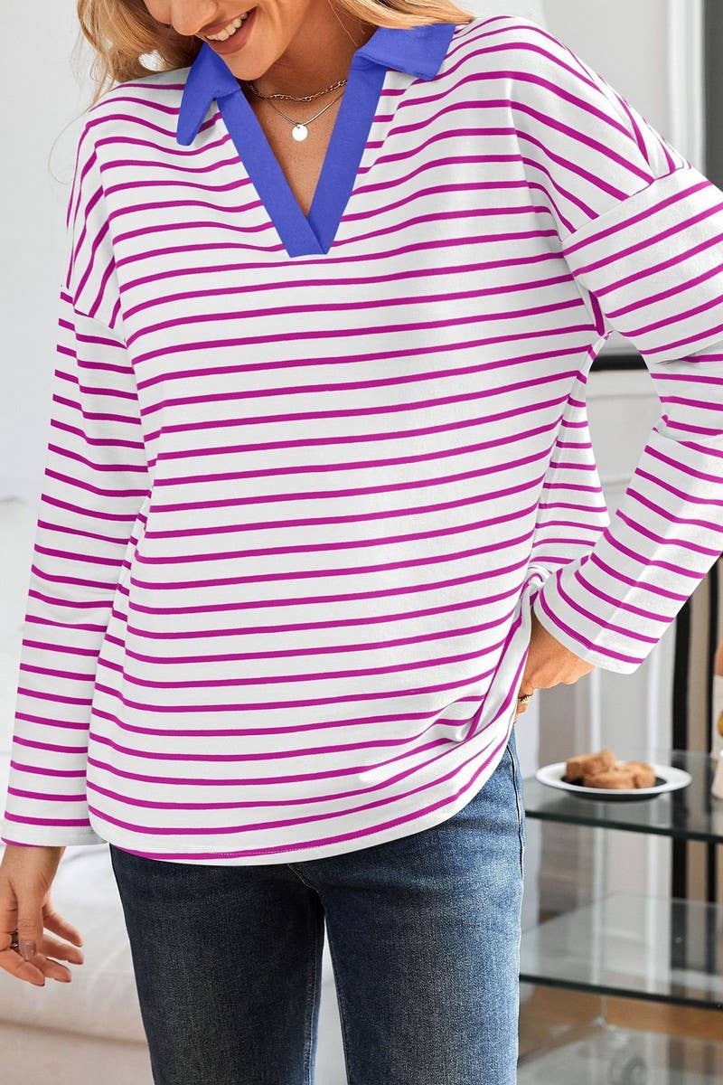 CWTBLL3674_STRIPED V-NECK LOOSE LAPEL SWEATSHIRT TOP