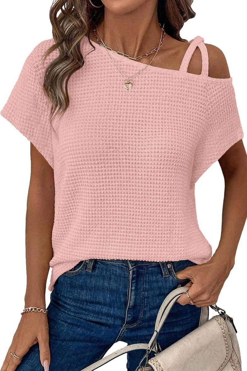 CWTBLS1617_SOLID COLOR OFF-SHOULDER SHORT-SLEEVED KNIT TOP