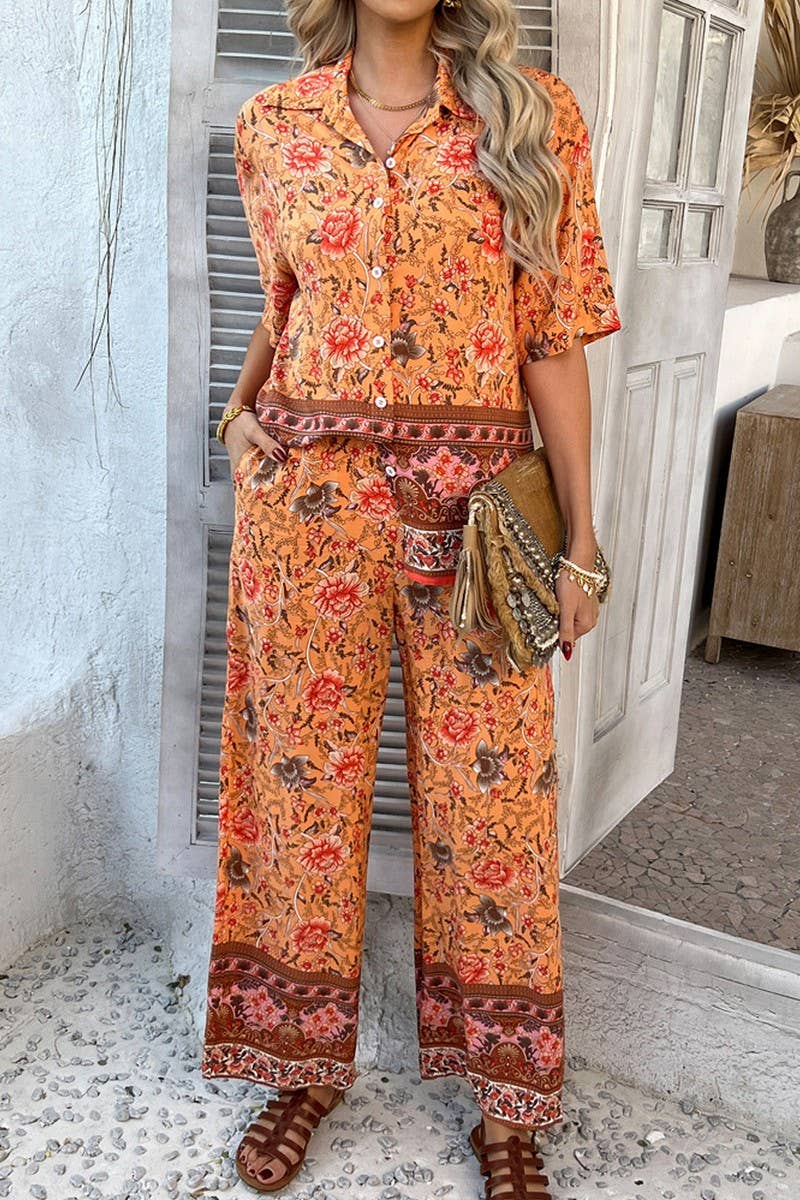 CWSS1190_CONTRAST COLOR PRINT SHORT SLEEVE LONG PANTS SUIT