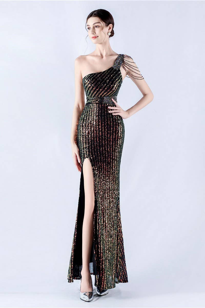 CWDMD4826_ONE-SHOULDER OFF-SHOULDER HIGH-SLIT SEQUINED DRESS