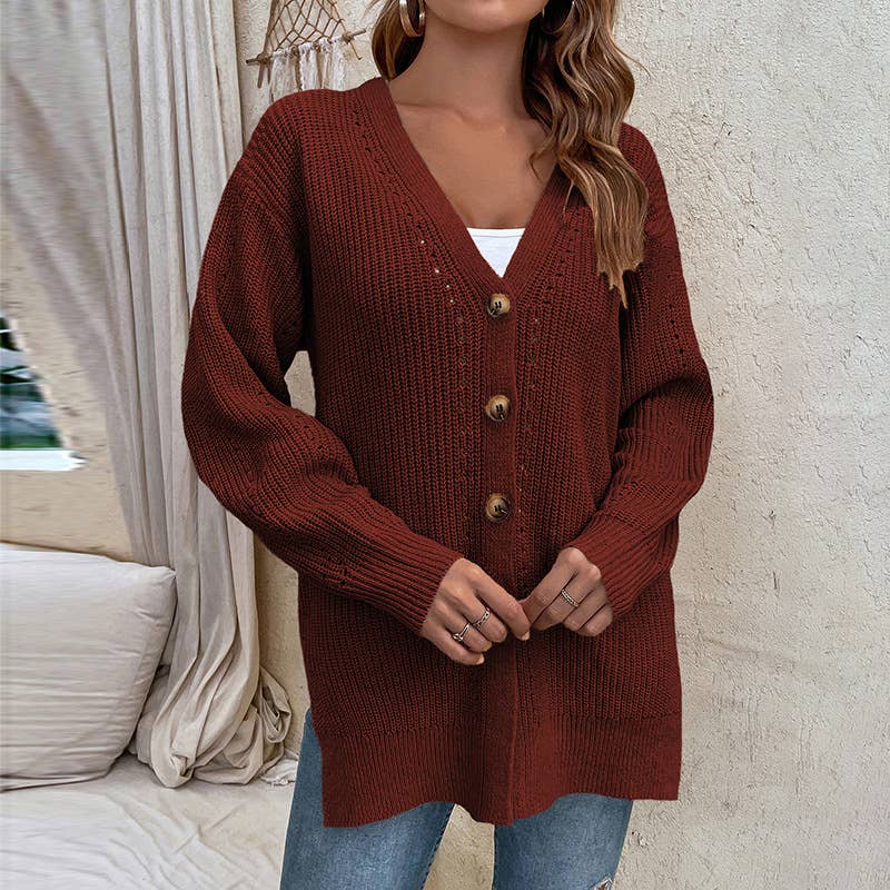 CWOCAL353 Button Down Sleeve V-Neck Cardigan Sweater