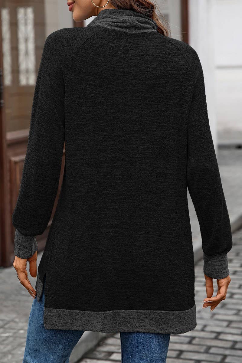 CWTBLL01308_COLORBLOCK SCARF NECK LONG SLEEVE CASUAL TOP