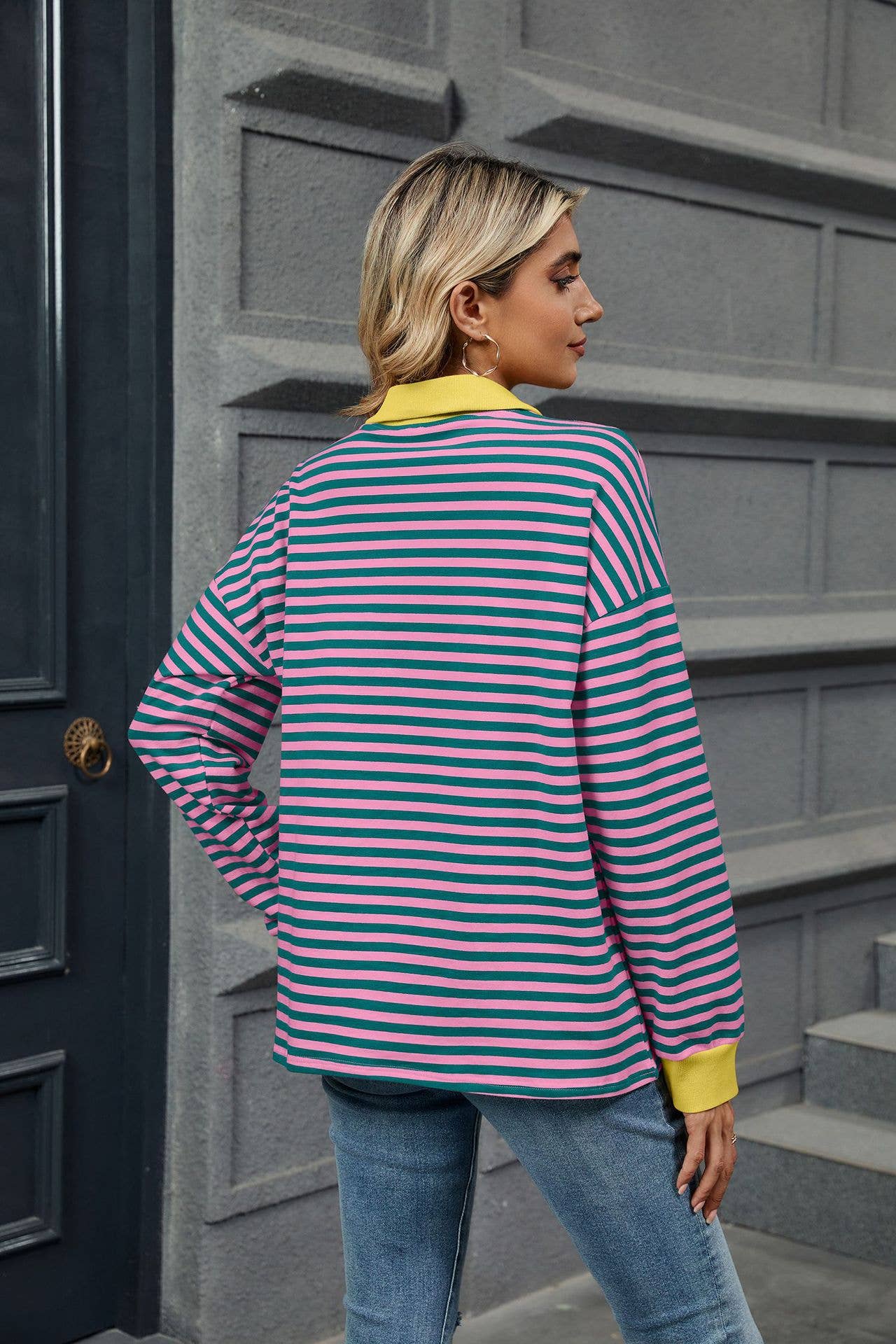 Color-blocking lapel long-sleeved striped hoodie