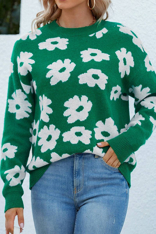 CWOSWL2938_CREW NECK PULLOVER FLORAL KNITTED SWEATER