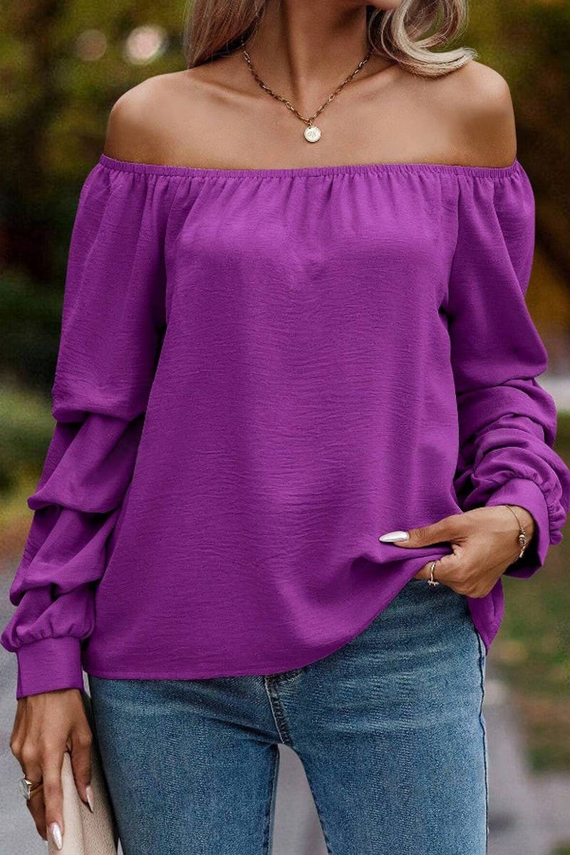CWTBLL4006_SOLID OFF SHOULDER KNOT SLEEVE LONG SLEEVE SHIRT