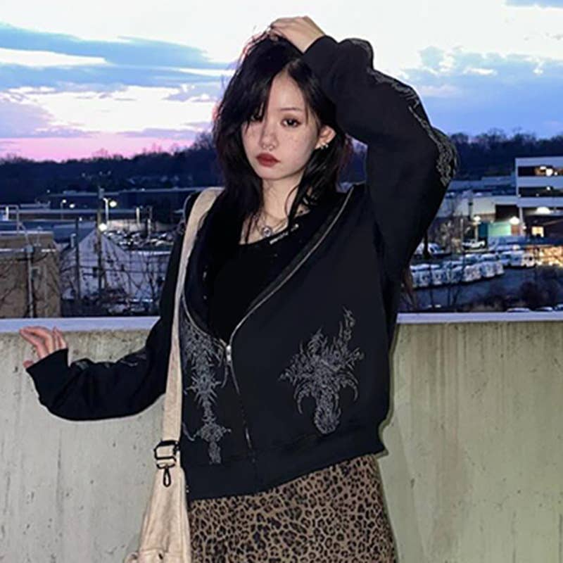 DARK STYLE VINTAGE PRINT LOOSE ZIPPER JACKET