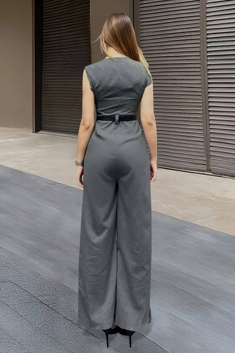 CWSJS1787_SOLID V-NECK BUTTONED SLEEVELESS VEST JUMPSUIT